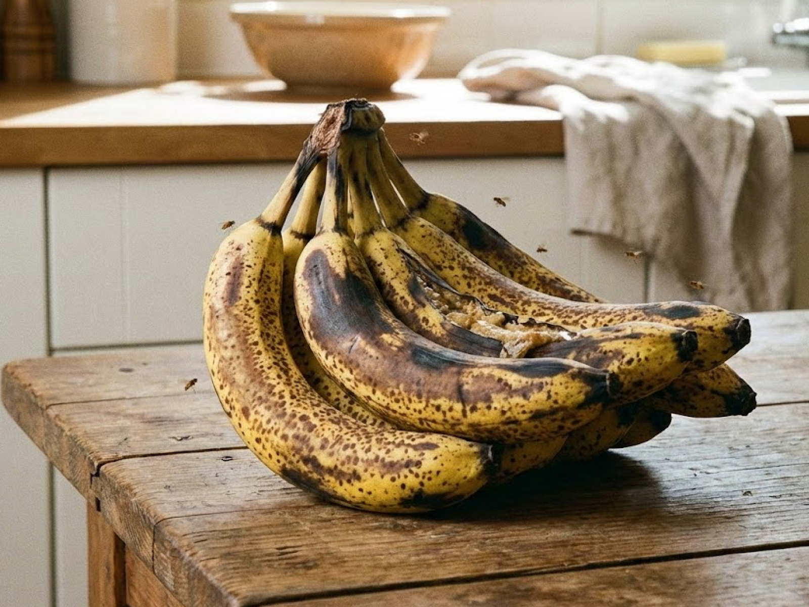 Overripe bananas on a kitchen counter
