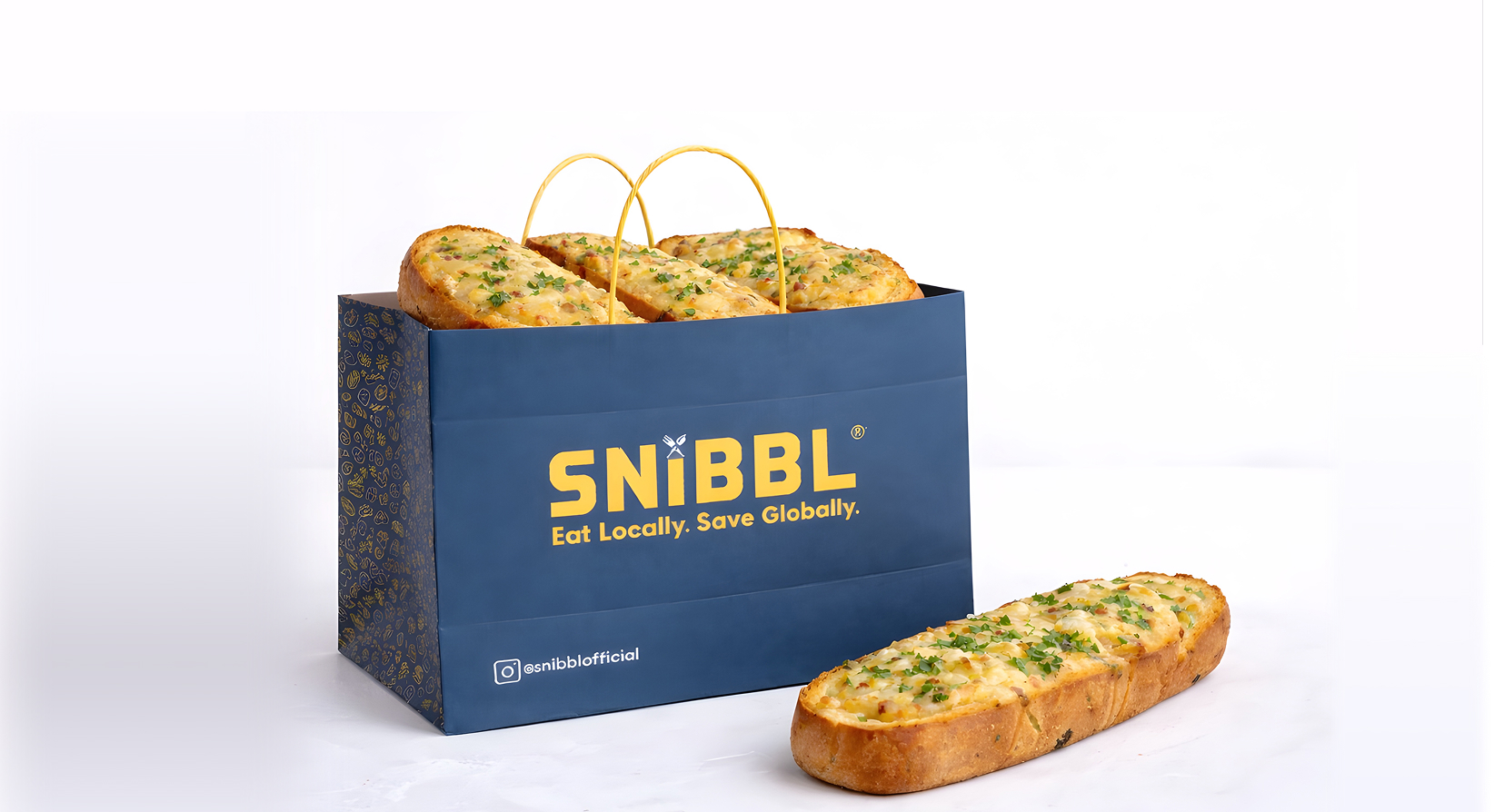 Snibbl bag with cheese garlic bread