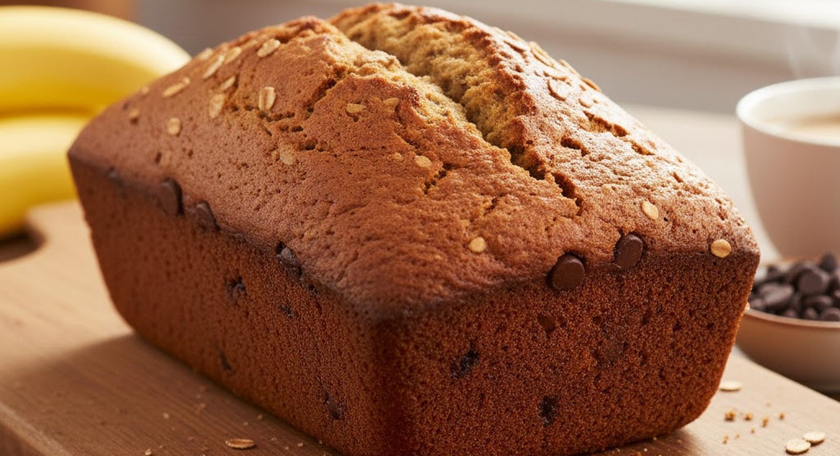 Moist healthy banana bread loaf fresh out of the oven