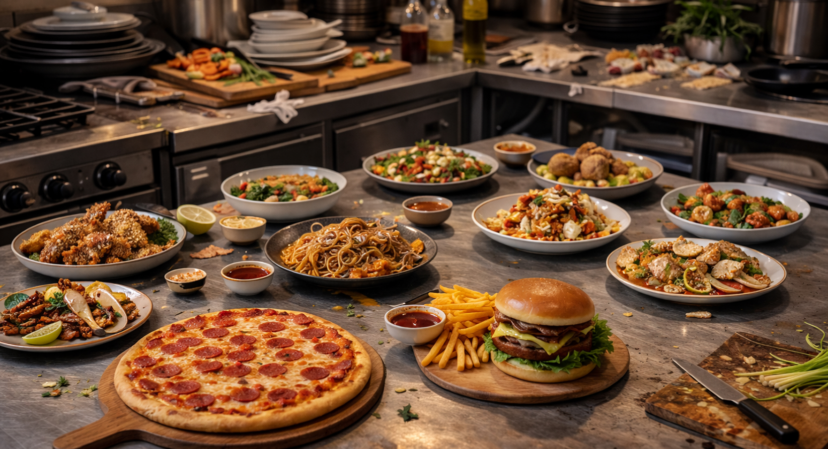 Prepared restaurant food remaining at closing time showing surplus