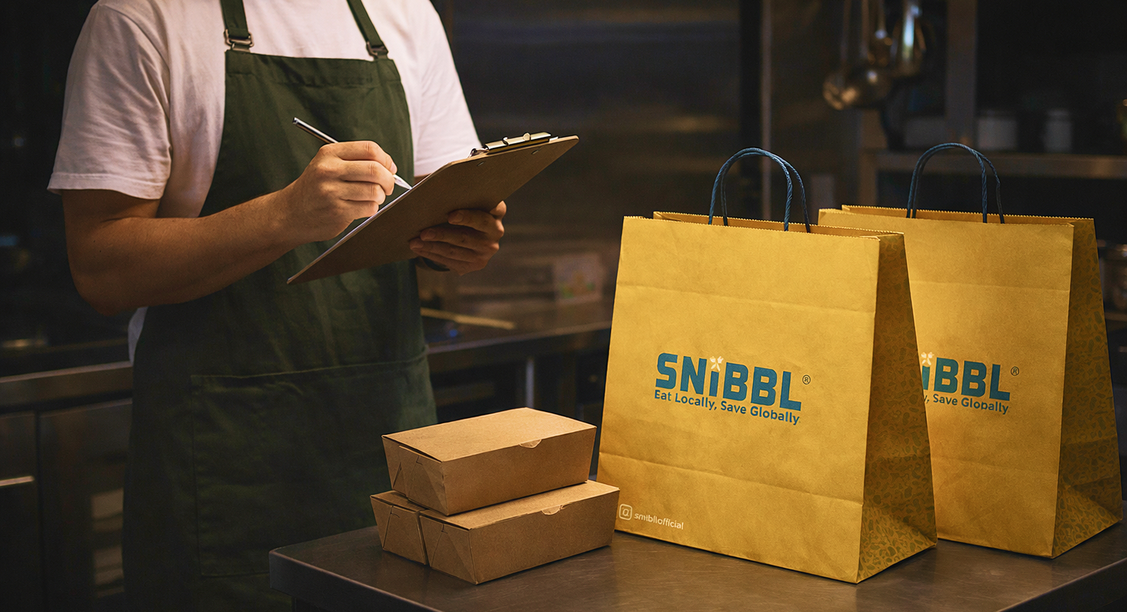 Snibbl surplus food bags on restaurant counter for daily surplus recovery