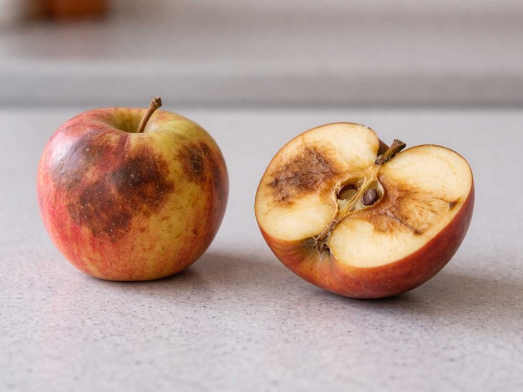Bruised apples showing brown spots to be used in homemade apple jam recipe
