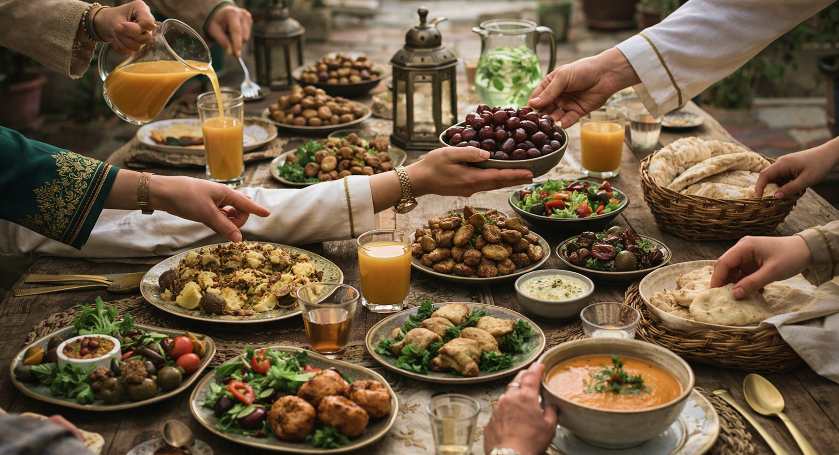 Family Iftar gathering with shared dishes