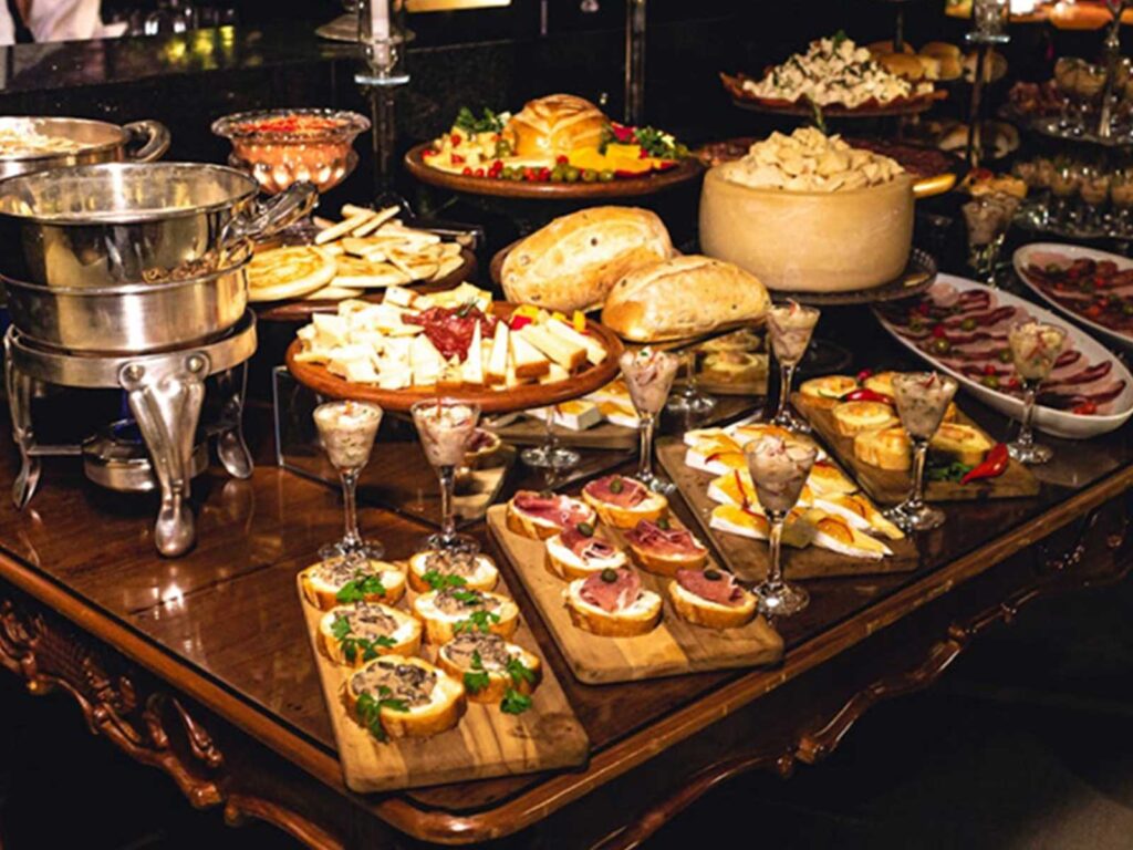 Prepared meals and surplus food in a restaurant kitchen